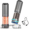 imageCIRCLE JOY Electric Pepper Grinder Stainless Steel Rechargeable Pepper Mill with External Adjustable Coarseness 95ml Container and White LED Light SilverRechargeable Aluminum Set with Base