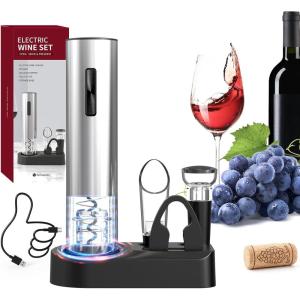 imageCIRCLE JOY 6in1 Electric Wine Opener Set Rechargeable Stainless Steel Wine Opener Gift Set with Foil Cutter Rechargeable ampamp Manual Wine Aerator Pourers Vacuum Wine Stopper and Storage Base Silver5in1 Rechargeable Set  Silver