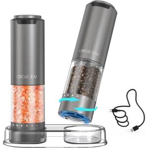 imageCIRCLE JOY Electric Pepper Grinder Stainless Steel Rechargeable Pepper Mill with External Adjustable Coarseness 95ml Container and White LED Light SilverRechargeable Aluminum Set with Base