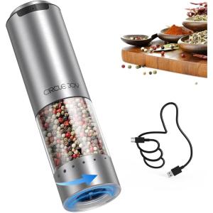 imageCIRCLE JOY Electric Pepper Grinder Stainless Steel Rechargeable Pepper Mill with External Adjustable Coarseness 95ml Container and White LED Light SilverRechargeable