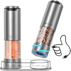 imageCIRCLE JOY Electric Pepper Grinder Stainless Steel Rechargeable Pepper Mill with External Adjustable Coarseness 95ml Container and White LED Light SilverRechargeable Set with Base