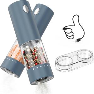imageCIRCLE JOY Electric Salt and Pepper Grinder Set Automatic Salt and Pepper Grinder Set with Charging Base and White LED Light Adjustable Coarseness USB Rechargeable Washable Container White ampamp BlackBlue Set