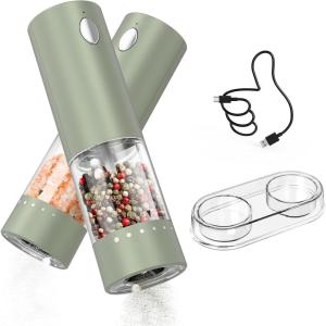 imageCIRCLE JOY Electric Salt and Pepper Grinder Set Automatic Salt and Pepper Grinder Set with Charging Base and White LED Light Adjustable Coarseness USB Rechargeable Washable Container White ampamp BlackGreen Set