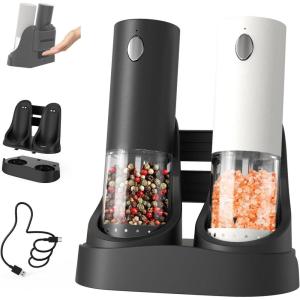 imageCIRCLE JOY Electric Salt and Pepper Grinder Set Automatic Salt and Pepper Grinder Set with Charging Base and White LED Light Adjustable Coarseness USB Rechargeable Washable Container White ampamp BlackBlackWhite