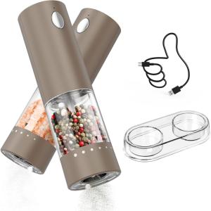imageCIRCLE JOY Electric Salt and Pepper Grinder Set Automatic Salt and Pepper Grinder Set with Charging Base and White LED Light Adjustable Coarseness USB Rechargeable Washable Container White ampamp BlackBrown Set