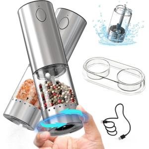 imageCIRCLE JOY Electric Salt and Pepper Grinder Set Automatic Salt and Pepper Grinder Set with Charging Base and White LED Light Adjustable Coarseness USB Rechargeable Washable Container White ampamp BlackSilver Set