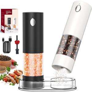 imageCIRCLE JOY Electric Salt and Pepper Grinder Set Automatic Salt and Pepper Grinder Set with Charging Base and White LED Light Adjustable Coarseness USB Rechargeable Washable Container White ampamp BlackBlackWhite Set