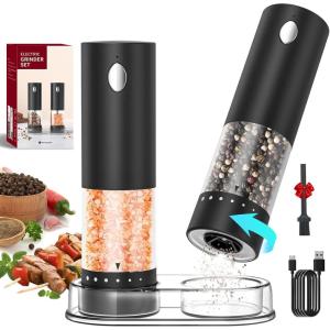 imageCIRCLE JOY Electric Salt and Pepper Grinder Set Automatic Salt and Pepper Grinder Set with Charging Base and White LED Light Adjustable Coarseness USB Rechargeable Washable Container White ampamp BlackBlack Set