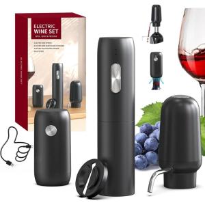 imageCIRCLE JOY Electric Wine Bottle Opener Set Rechargeable 5in1 Wine Set with Foil Cutter Electric Wine Opener Electric 2in1 Wine Aerator ampamp Pourer Electric Vacuum Wine Stopper Black SilverBlack  Plus
