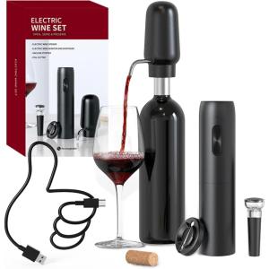 imageCIRCLE JOY Electric Wine Bottle Opener Set Rechargeable 5in1 Wine Set with Foil Cutter Electric Wine Opener Electric 2in1 Wine Aerator ampamp Pourer Electric Vacuum Wine Stopper Black SilverBlack