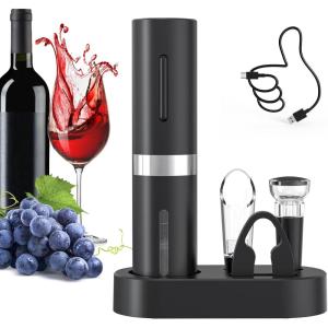imageCIRCLE JOY Electric Wine Bottle Opener Set Rechargeable Wine Corkscrew Cordless Wine Opener Gift Set with Charging Base Foil Cutter Wine Aerator Pourer and Vacuum Wine StopperBlack