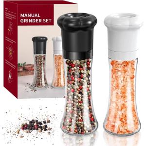 imageCIRCLE JOY Manual Salt and Pepper Grinder Set For Professional Chef Refillable Salt and Pepper Shakers with Ceramic Blades Adjustable Coarseness and BPAfree 180ml Glass Container Short Black WhiteTall  Black  White