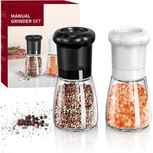 imageCIRCLE JOY Manual Salt and Pepper Grinder Set For Professional Chef Refillable Salt and Pepper Shakers with Ceramic Blades Adjustable Coarseness and BPAfree 180ml Glass Container Short Black WhiteShort  Black  White