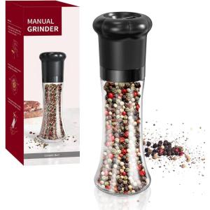 imageCIRCLE JOY Manual Salt and Pepper Grinder Set For Professional Chef Refillable Salt and Pepper Shakers with Ceramic Blades Adjustable Coarseness and BPAfree 180ml Glass Container Short Black WhiteTall  Black