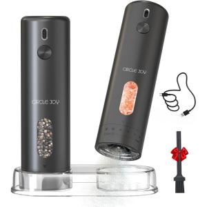 imageCIRCLE JOY Rechargeable Electric Salt and Pepper Grinder Set with Base Automatic Pepper Mills with 110ml Container External Adjustable Coarseness White Led Light and OneHanded Operation BlackBlackSetStorage Base