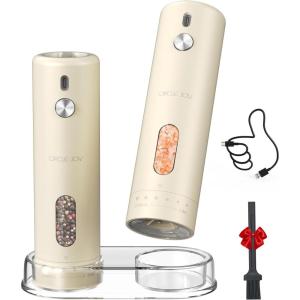imageCIRCLE JOY Rechargeable Electric Salt and Pepper Grinder Set with Base Automatic Pepper Mills with 110ml Container External Adjustable Coarseness White Led Light and OneHanded Operation BlackGegieSetStorage Base