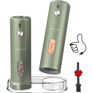imageCIRCLE JOY Rechargeable Electric Salt and Pepper Grinder Set with Base Automatic Pepper Mills with 110ml Container External Adjustable Coarseness White Led Light and OneHanded Operation BlackGreenSetStorage Base