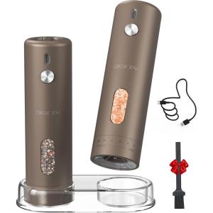 imageCIRCLE JOY Rechargeable Electric Salt and Pepper Grinder Set with Base Automatic Pepper Mills with 110ml Container External Adjustable Coarseness White Led Light and OneHanded Operation BlackBrownSetStorage Base