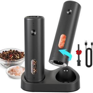 imageCIRCLE JOY Rechargeable Electric Salt and Pepper Grinder Set with Base Automatic Pepper Mills with 110ml Container External Adjustable Coarseness White Led Light and OneHanded Operation BlackBlackSetCharging Base