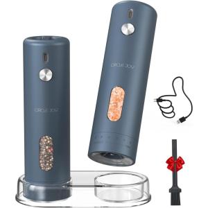 imageCIRCLE JOY Rechargeable Electric Salt and Pepper Grinder Set with Base Automatic Pepper Mills with 110ml Container External Adjustable Coarseness White Led Light and OneHanded Operation BlackBlueSetStorage Base