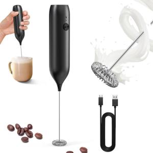 imageCIRCLE JOY Rechargeable Milk Frother Handheld Coffee Frother Wand Drink Mixer with Stainless Steel Whisk for Coffee Cappuccino Lattes Frappe Matcha and Hot Chocolate BlackBlack