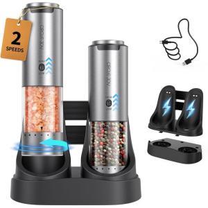 imageCIRCLE JOY Rechargeable Salt and Pepper Grinder Set Stainless Steel Electric Pepper Grinders with Variable Grinding Speed External Adjustable Coarseness Charging Base and White LED Light Silver