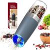 imageCIRCLE JOY Rechargeable Gravity Electric Salt and Pepper Grinder Set Stainless Steels Salt and Pepper Mills with LED Light No Battery Needed Adjustable Coarseness Washable 135ml Container SilverBatteryBlue