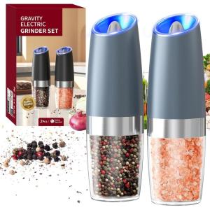 imageCIRCLE JOY Rechargeable Gravity Electric Salt and Pepper Grinder Set Stainless Steels Salt and Pepper Mills with LED Light No Battery Needed Adjustable Coarseness Washable 135ml Container SilverBatteryBlue Set