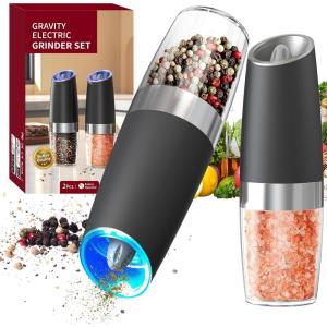 imageCIRCLE JOY Rechargeable Gravity Electric Salt and Pepper Grinder Set Stainless Steels Salt and Pepper Mills with LED Light No Battery Needed Adjustable Coarseness Washable 135ml Container SilverBatteryBlack Set