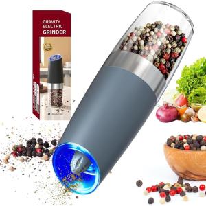 imageCIRCLE JOY Rechargeable Gravity Electric Salt and Pepper Grinder Set Stainless Steels Salt and Pepper Mills with LED Light No Battery Needed Adjustable Coarseness Washable 135ml Container SilverBatteryBlue