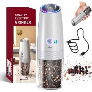 imageCIRCLE JOY Rechargeable Gravity Electric Salt and Pepper Grinder Set Stainless Steels Salt and Pepper Mills with LED Light No Battery Needed Adjustable Coarseness Washable 135ml Container SilverRechargeableGold2Speed