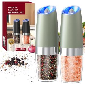 imageCIRCLE JOY Rechargeable Gravity Electric Salt and Pepper Grinder Set Stainless Steels Salt and Pepper Mills with LED Light No Battery Needed Adjustable Coarseness Washable 135ml Container SilverBatteryGreen Set