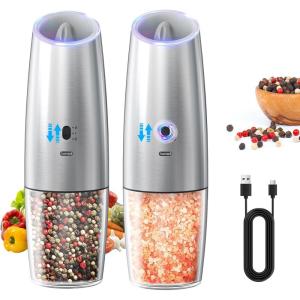 imageCIRCLE JOY Rechargeable Gravity Electric Salt and Pepper Grinder Set Stainless Steels Salt and Pepper Mills with LED Light No Battery Needed Adjustable Coarseness Washable 135ml Container SilverRechargeableSilver Set