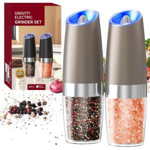 imageCIRCLE JOY Rechargeable Gravity Electric Salt and Pepper Grinder Set Stainless Steels Salt and Pepper Mills with LED Light No Battery Needed Adjustable Coarseness Washable 135ml Container SilverBatteryBrown Set
