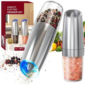 imageCIRCLE JOY Rechargeable Gravity Electric Salt and Pepper Grinder Set Stainless Steels Salt and Pepper Mills with LED Light No Battery Needed Adjustable Coarseness Washable 135ml Container SilverBatterySilver
