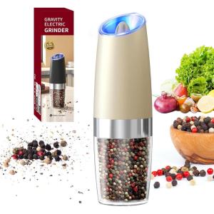 imageCIRCLE JOY Rechargeable Gravity Electric Salt and Pepper Grinder Set Stainless Steels Salt and Pepper Mills with LED Light No Battery Needed Adjustable Coarseness Washable 135ml Container SilverBatteryBeige