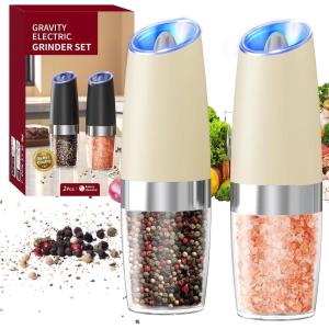 imageCIRCLE JOY Rechargeable Gravity Electric Salt and Pepper Grinder Set Stainless Steels Salt and Pepper Mills with LED Light No Battery Needed Adjustable Coarseness Washable 135ml Container SilverBatteryBeige Set
