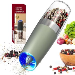 imageCIRCLE JOY Rechargeable Gravity Electric Salt and Pepper Grinder Set Stainless Steels Salt and Pepper Mills with LED Light No Battery Needed Adjustable Coarseness Washable 135ml Container SilverBatteryGreen