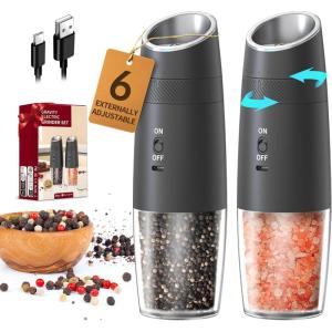 imageCIRCLE JOY Rechargeable Gravity Electric Salt and Pepper Grinder Set Stainless Steels Salt and Pepper Mills with LED Light No Battery Needed Adjustable Coarseness Washable 135ml Container SilverRechargeableExternalBlack Set