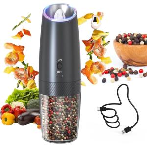 imageCIRCLE JOY Rechargeable Gravity Electric Salt and Pepper Grinder Set Stainless Steels Salt and Pepper Mills with LED Light No Battery Needed Adjustable Coarseness Washable 135ml Container SilverChargingBlack