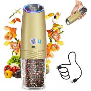 imageCIRCLE JOY Rechargeable Gravity Electric Salt and Pepper Grinder Set Stainless Steels Salt and Pepper Mills with LED Light No Battery Needed Adjustable Coarseness Washable 135ml Container SilverRechargeableSilver2Speed