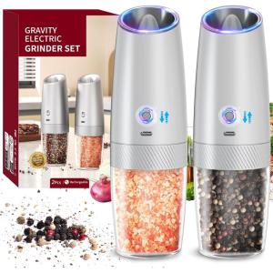 imageCIRCLE JOY Rechargeable Gravity Electric Salt and Pepper Grinder Set Stainless Steels Salt and Pepper Mills with LED Light No Battery Needed Adjustable Coarseness Washable 135ml Container SilverRechargeableSilver Set2Speed