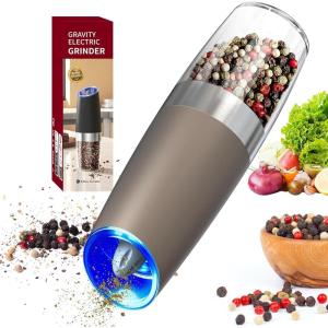 imageCIRCLE JOY Rechargeable Gravity Electric Salt and Pepper Grinder Set Stainless Steels Salt and Pepper Mills with LED Light No Battery Needed Adjustable Coarseness Washable 135ml Container SilverBatteryBrown