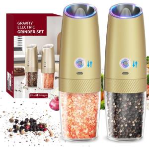 imageCIRCLE JOY Rechargeable Gravity Electric Salt and Pepper Grinder Set Stainless Steels Salt and Pepper Mills with LED Light No Battery Needed Adjustable Coarseness Washable 135ml Container SilverRechargeableGold Set2Speed