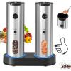 imageCIRCLE JOY Electric Salt and Pepper Grinder Set Stainless Steel Spice Grinder Automatic Pepper Mills with EasytoCarry Dual Charging Station White Led Light and Adjustable Coarseness Silver2Speed Rechargeable Set with Charging Base  Silver
