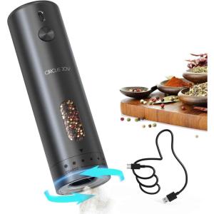imageCIRCLE JOY Electric Pepper Grinder Rechargeable Automatic Pepper Mill with 110ml Container External Adjustable Coarseness White Led Light and OneHanded Operation Black