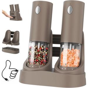 imageCIRCLE JOY Electric Salt and Pepper Grinder Set Automatic Salt and Pepper Grinder Set with EasytoCarry Charging Base and LED Light Adjustable Coarseness USB Rechargeable Washable Container BlackBrown