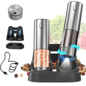 imageCIRCLE JOY Electric Salt and Pepper Grinder Set Automatic Salt and Pepper Grinder Set with EasytoCarry Charging Base and LED Light Adjustable Coarseness USB Rechargeable Washable Container BlackSilver