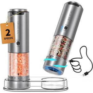 imageCIRCLE JOY Electric Salt and Pepper Grinder Set Stainless Steel Rechargeable Salt and Pepper Grinder Set Variable Grinding Speed External Adjustable Coarseness Storage Base White LED Light SilverRechargeable Set with Base  Plus