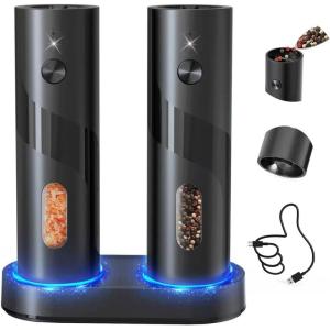 imageCIRCLE JOY Electric Salt and Pepper Grinder Set Stainless Steel Spice Grinder Automatic Pepper Mills with EasytoCarry Dual Charging Station White Led Light and Adjustable Coarseness SilverRechargeable Set with Charging Base  Black